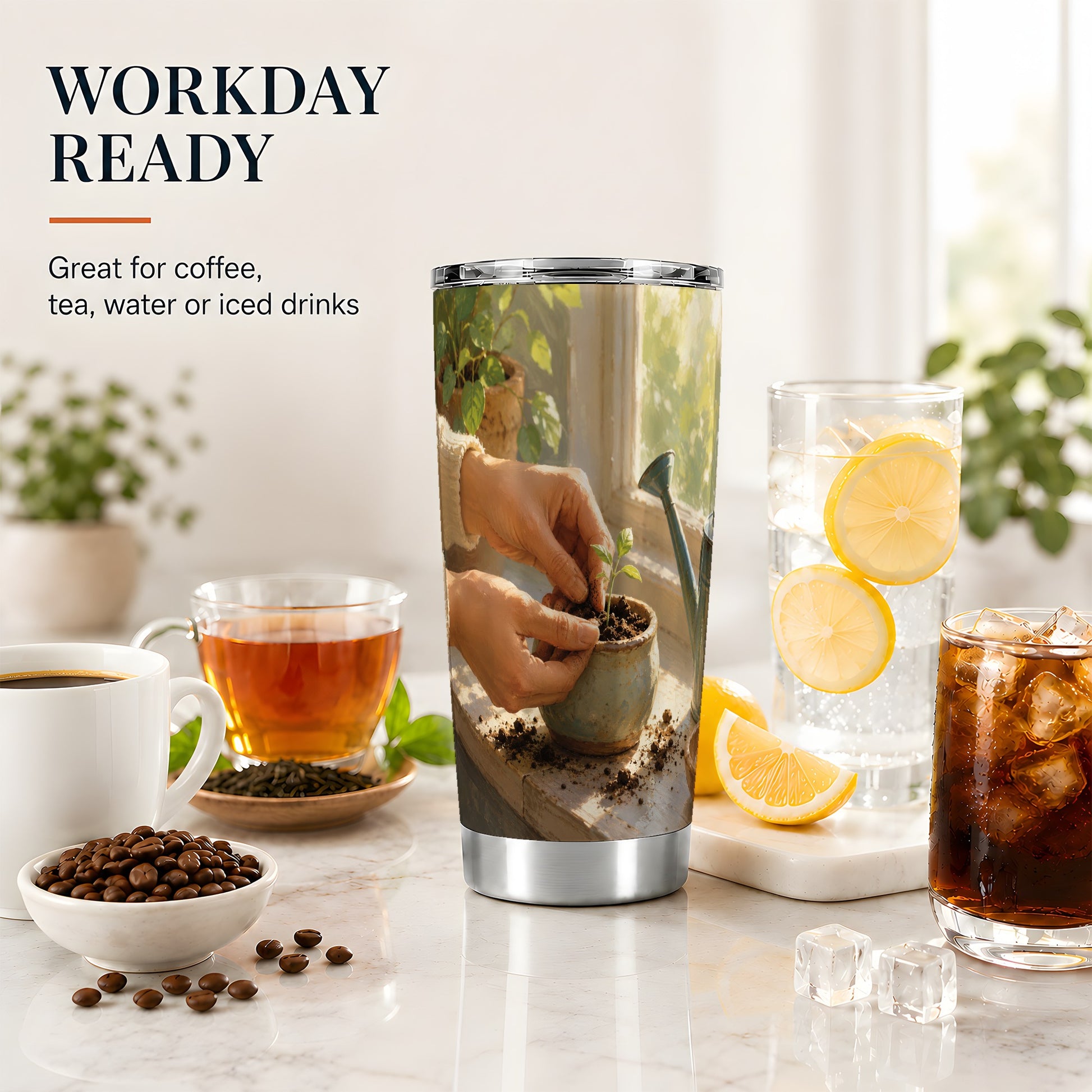 #pl[20oz|Steel] Planting Seedling 20oz Skinny Tumbler, Sunny Gardening Design