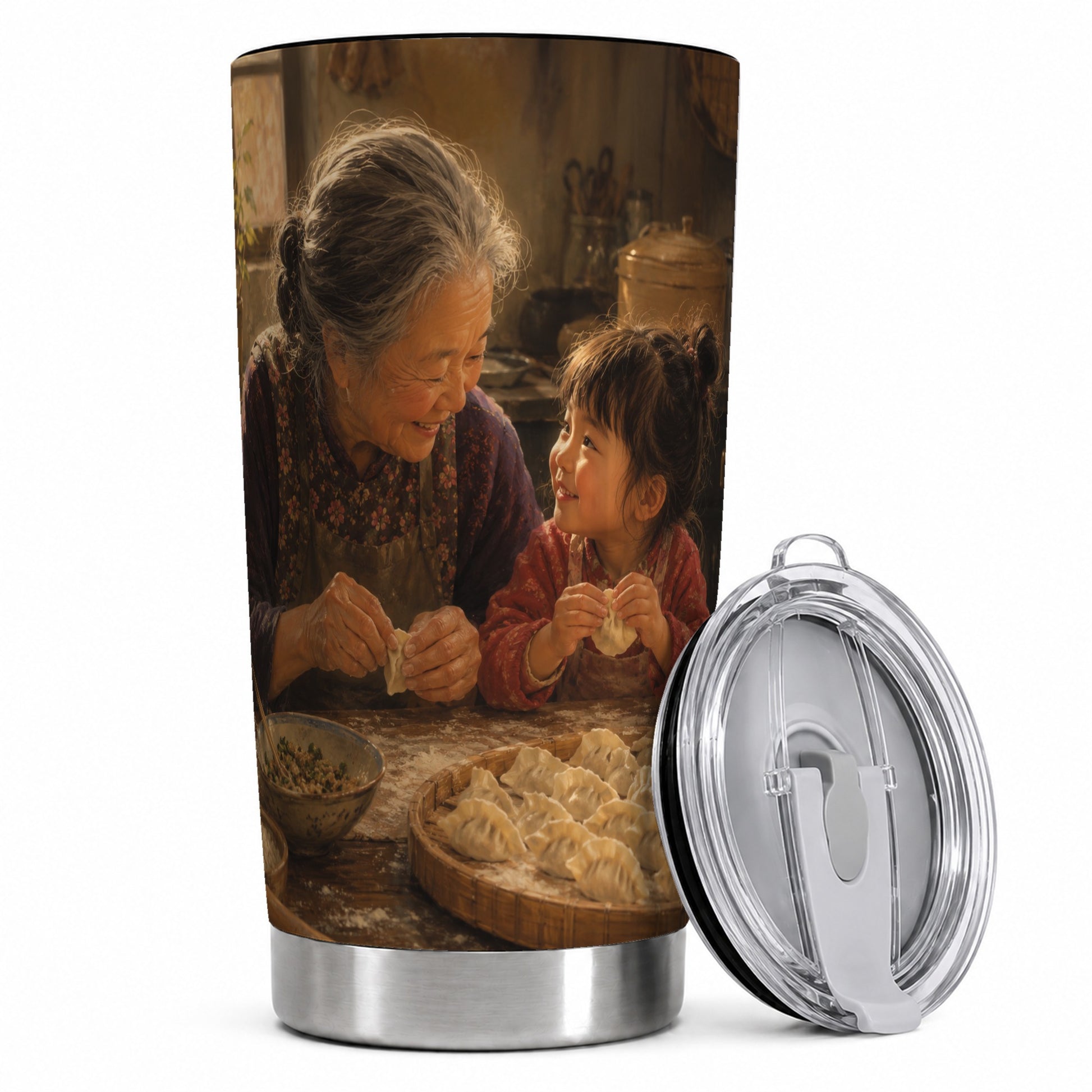 Family Dumpling Making 20oz Skinny Tumbler, Warm Kitchen Art