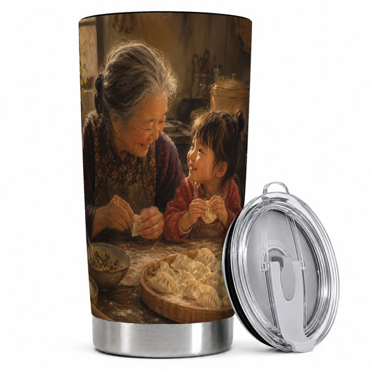 Family Dumpling Making 20oz Skinny Tumbler, Warm Kitchen Art