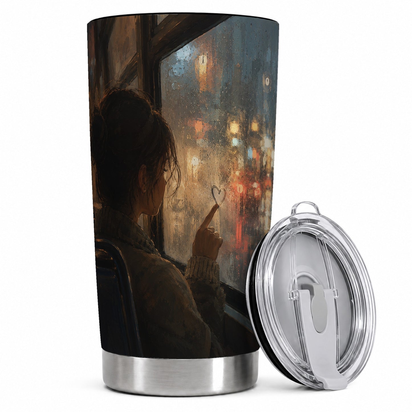 Rainy Window Heart 20oz Skinny Tumbler, Rainy Night City Art