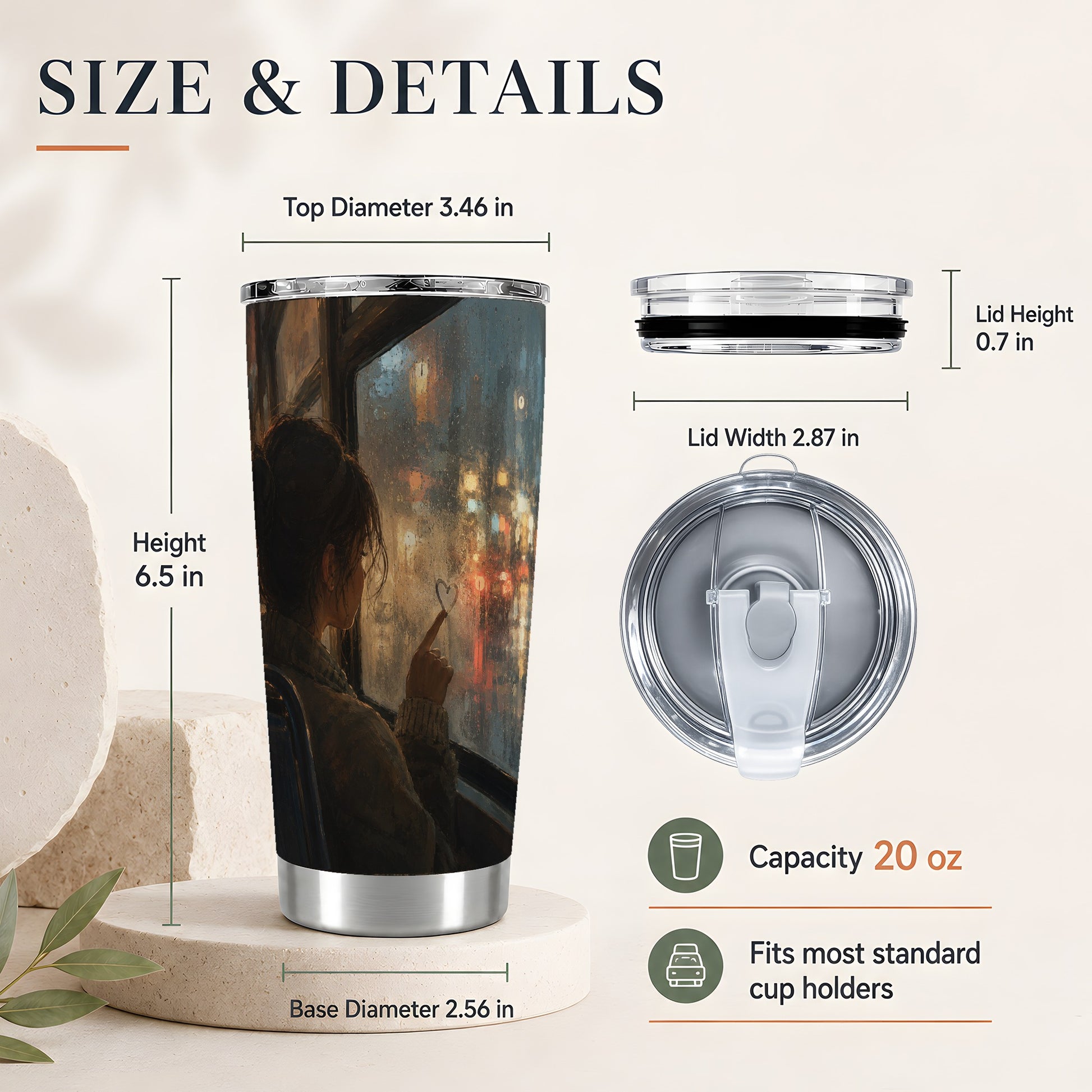 #pl[20oz|Steel] Rainy Window Heart 20oz Skinny Tumbler, Rainy Night City Art