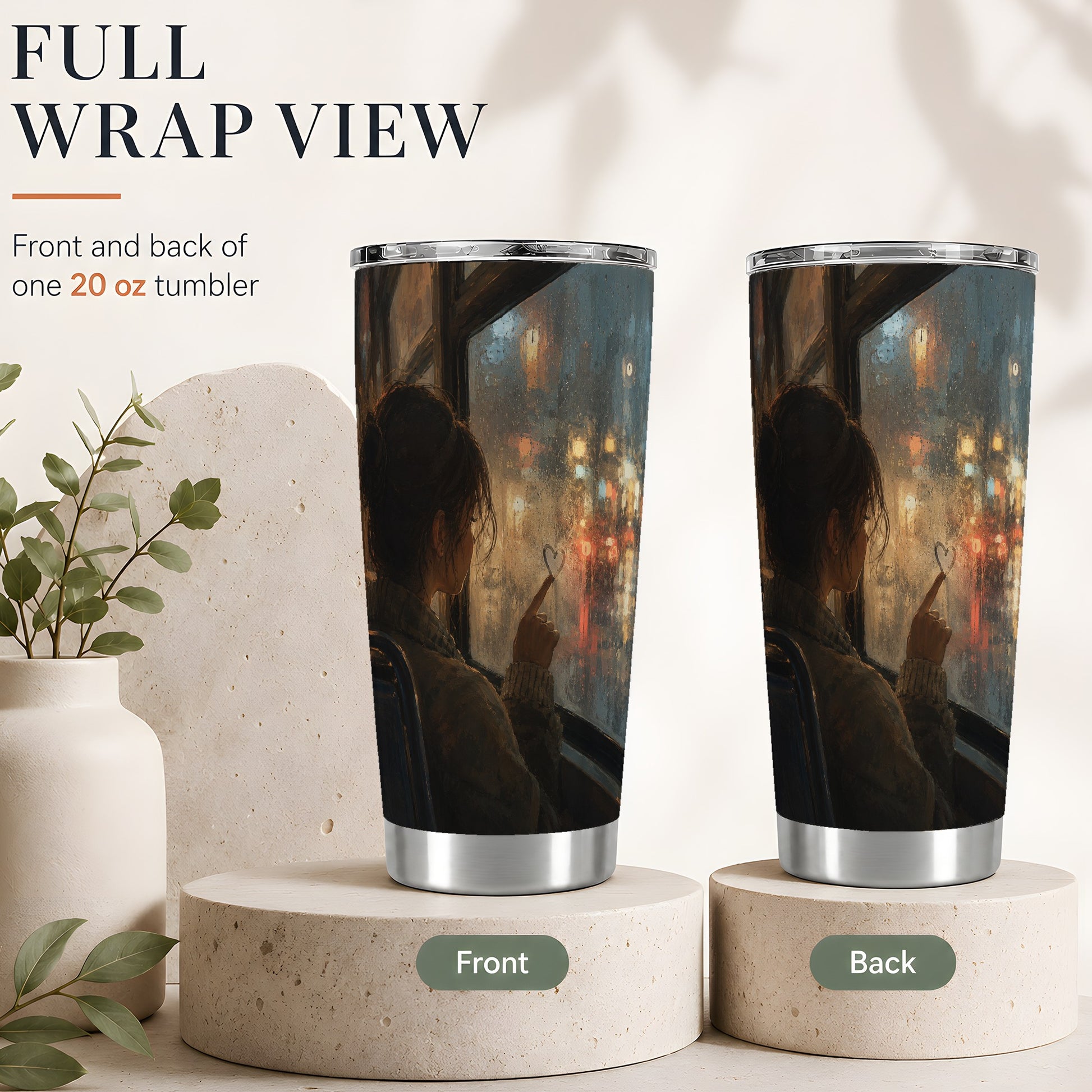 #pl[20oz|Steel] Rainy Window Heart 20oz Skinny Tumbler, Rainy Night City Art