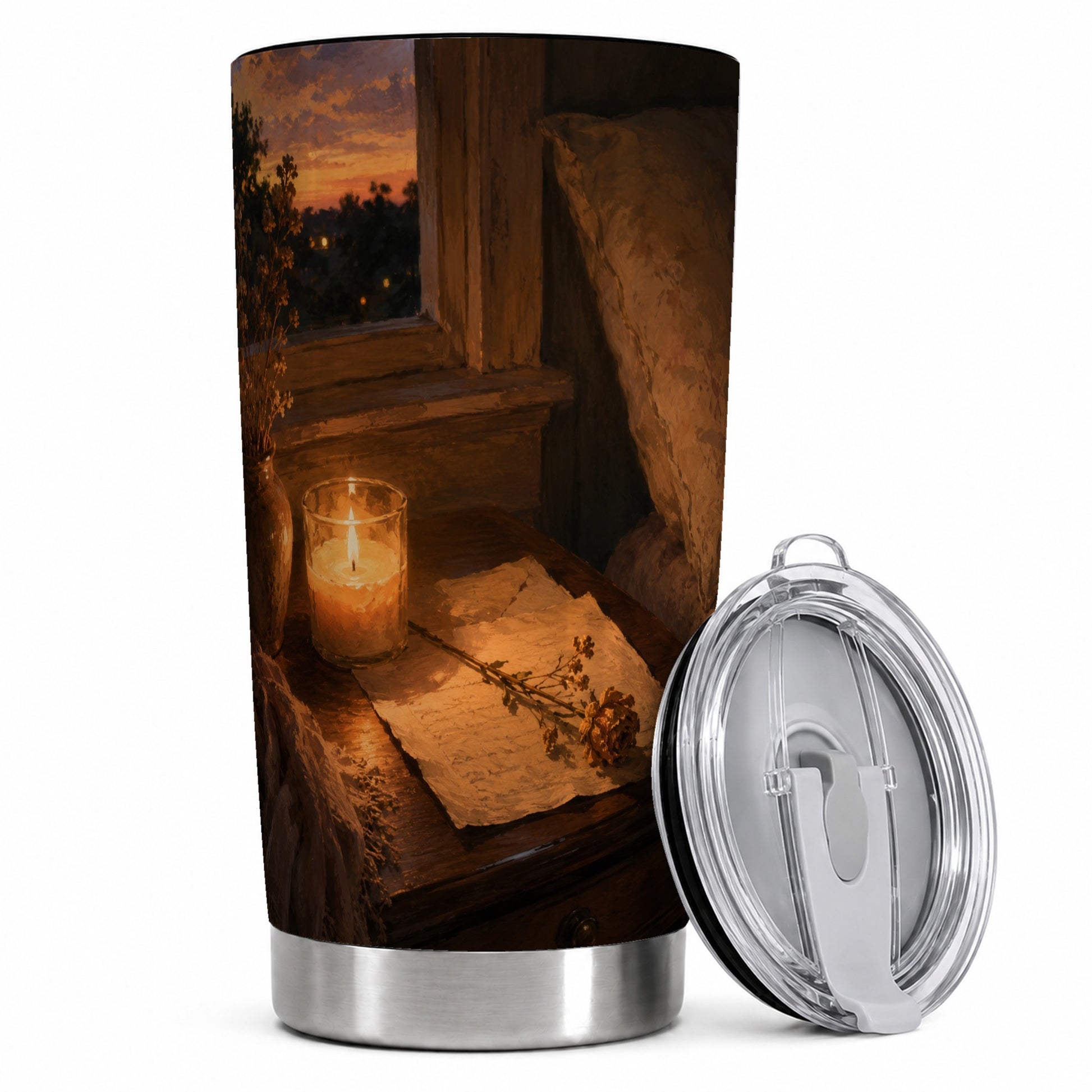 Candlelit Letter Rose 20oz Skinny Tumbler, Cozy Sunset Bedroom Art