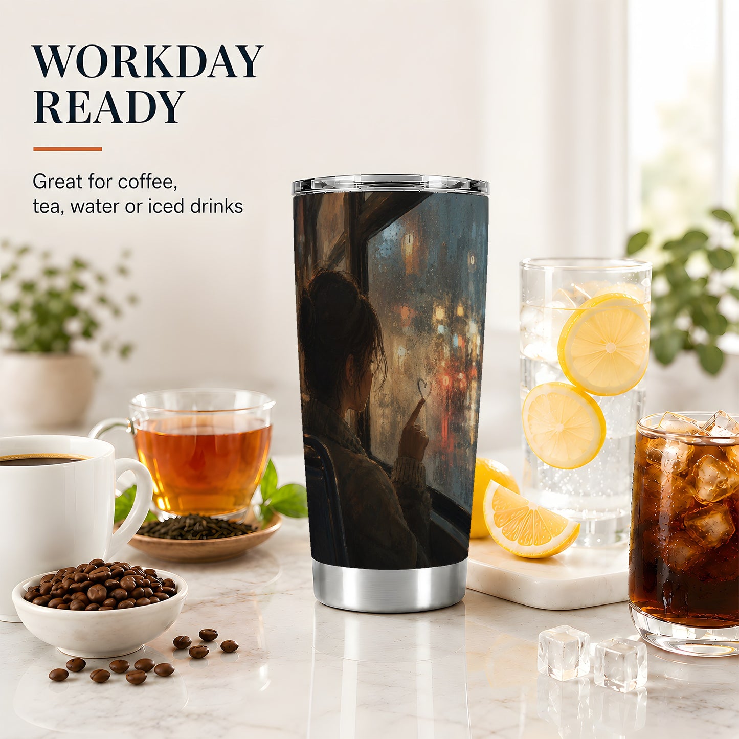 #pl[20oz|Steel] Rainy Window Heart 20oz Skinny Tumbler, Rainy Night City Art