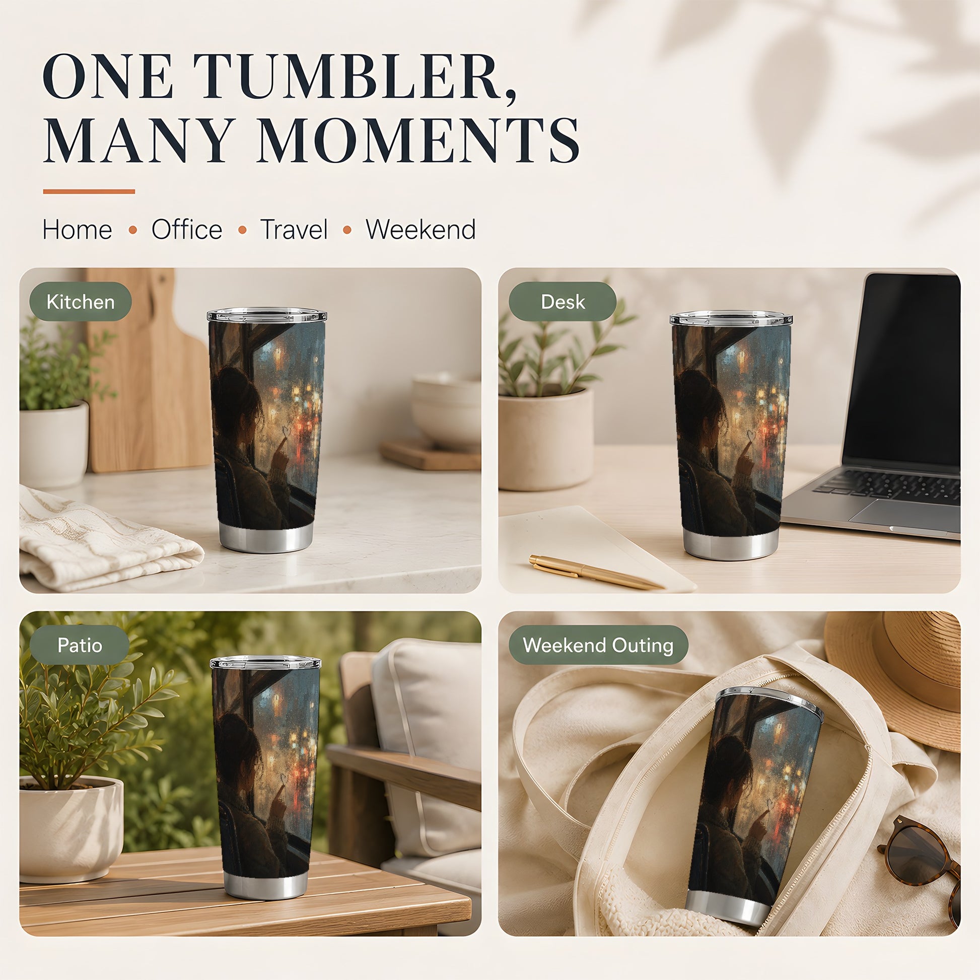 #pl[20oz|Steel] Rainy Window Heart 20oz Skinny Tumbler, Rainy Night City Art