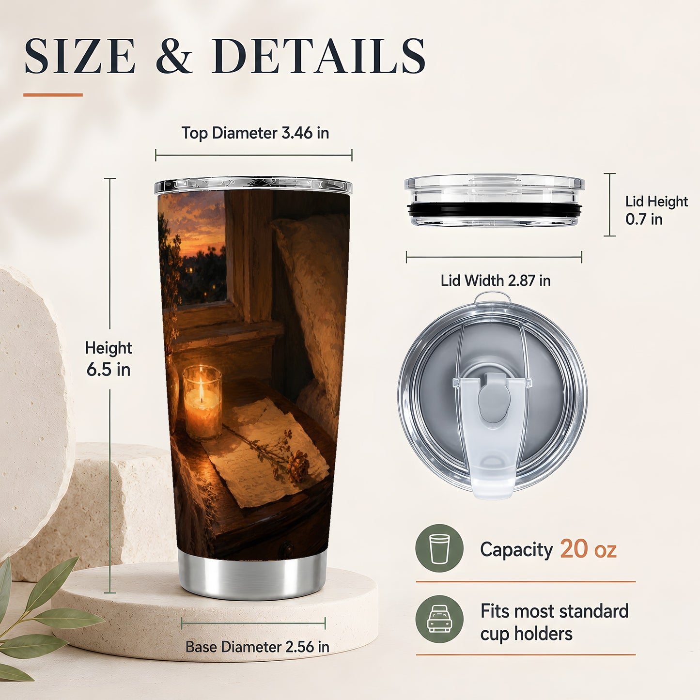 #pl[20oz|Steel] Candlelit Letter Rose 20oz Skinny Tumbler, Cozy Sunset Bedroom Art
