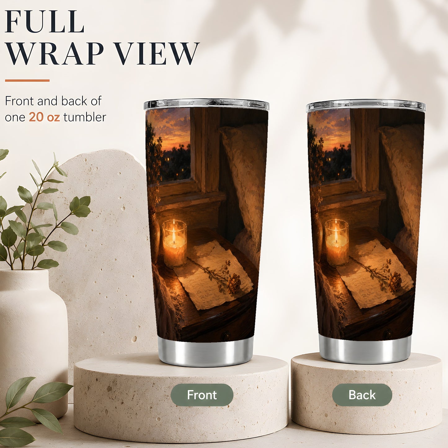 #pl[20oz|Steel] Candlelit Letter Rose 20oz Skinny Tumbler, Cozy Sunset Bedroom Art