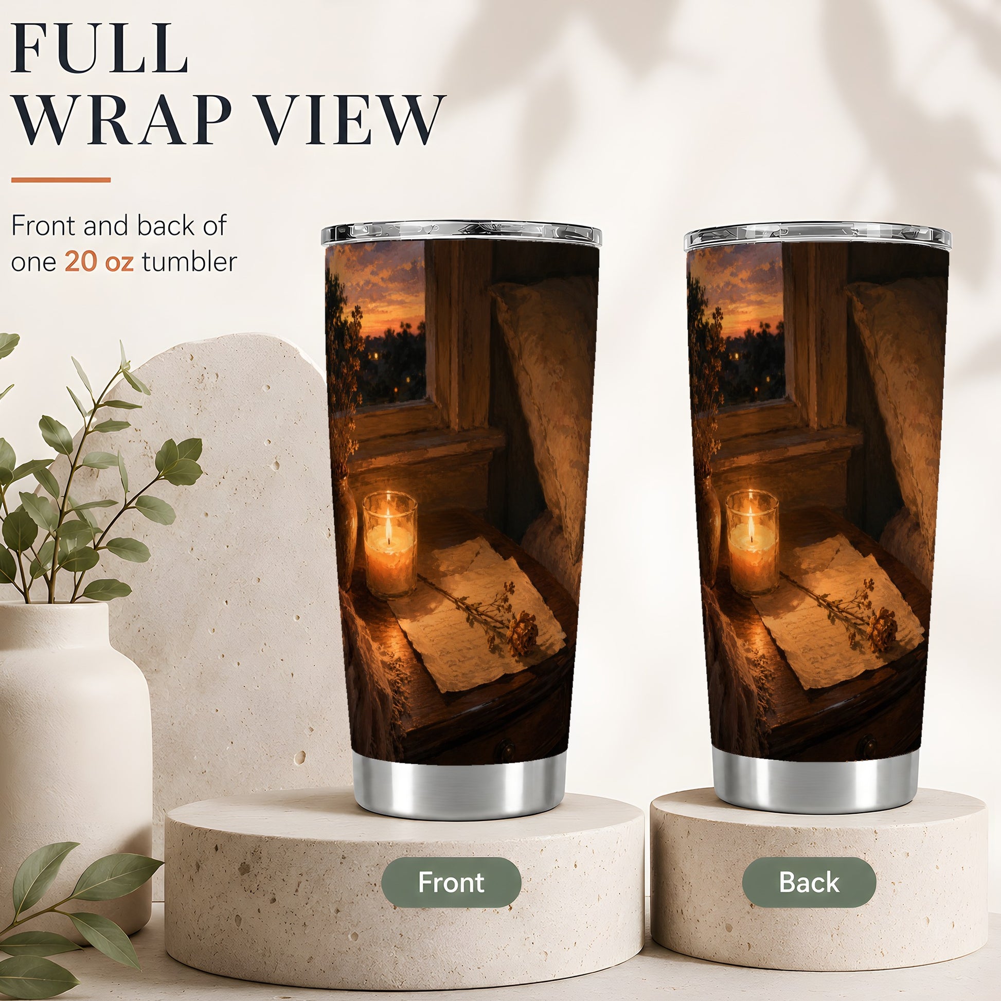 #pl[20oz|Steel] Candlelit Letter Rose 20oz Skinny Tumbler, Cozy Sunset Bedroom Art