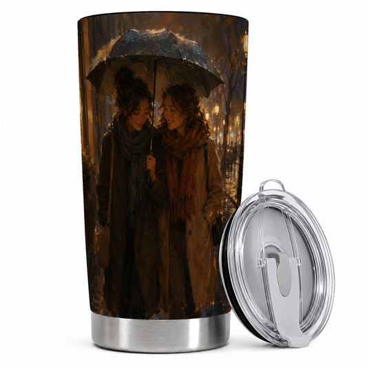 Rainy Friendship Walk 20oz Skinny Tumbler, Umbrella City Night Art