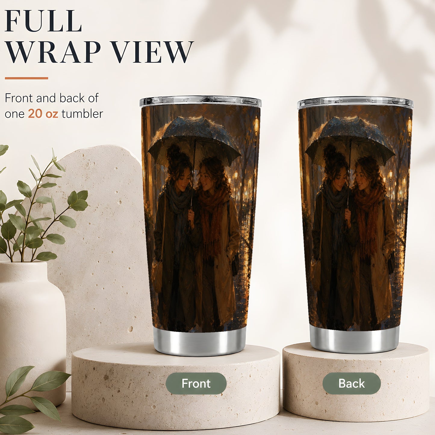 #pl[20oz|Steel] Rainy Friendship Walk 20oz Skinny Tumbler, Umbrella City Night Art