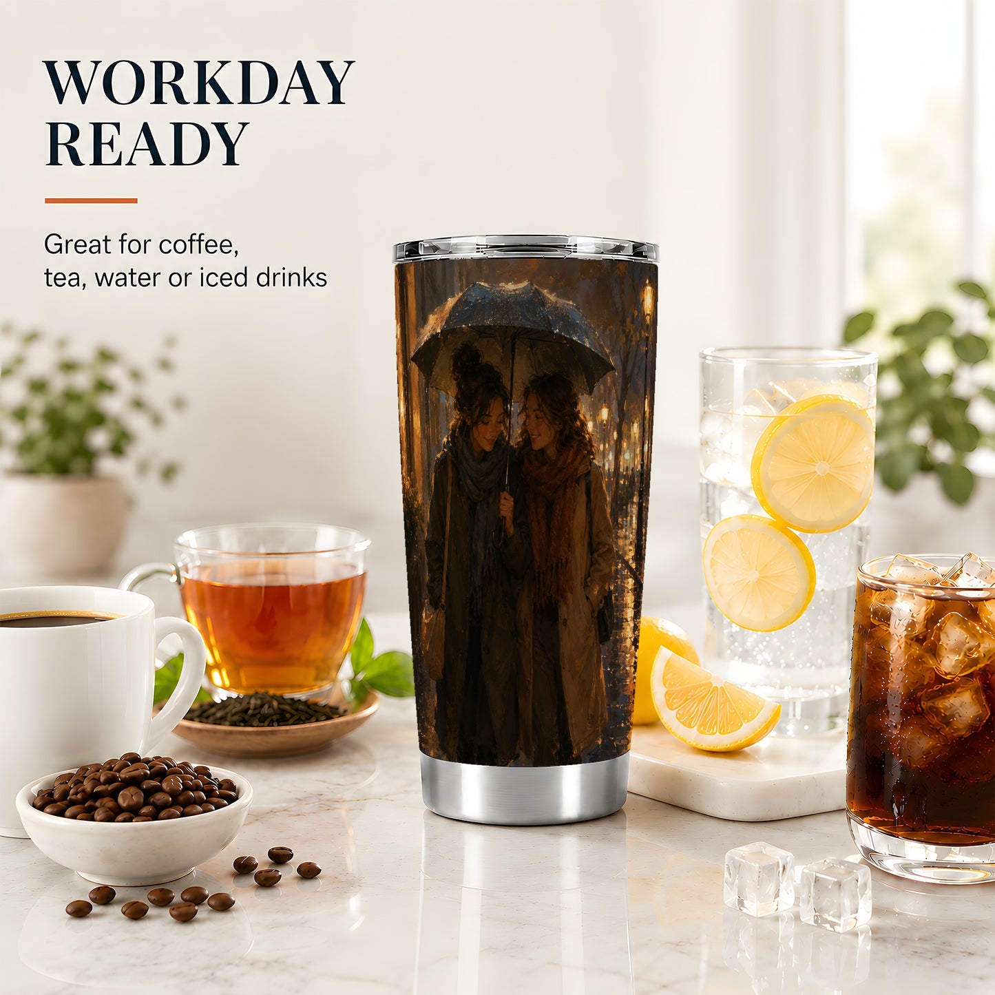 #pl[20oz|Steel] Rainy Friendship Walk 20oz Skinny Tumbler, Umbrella City Night Art