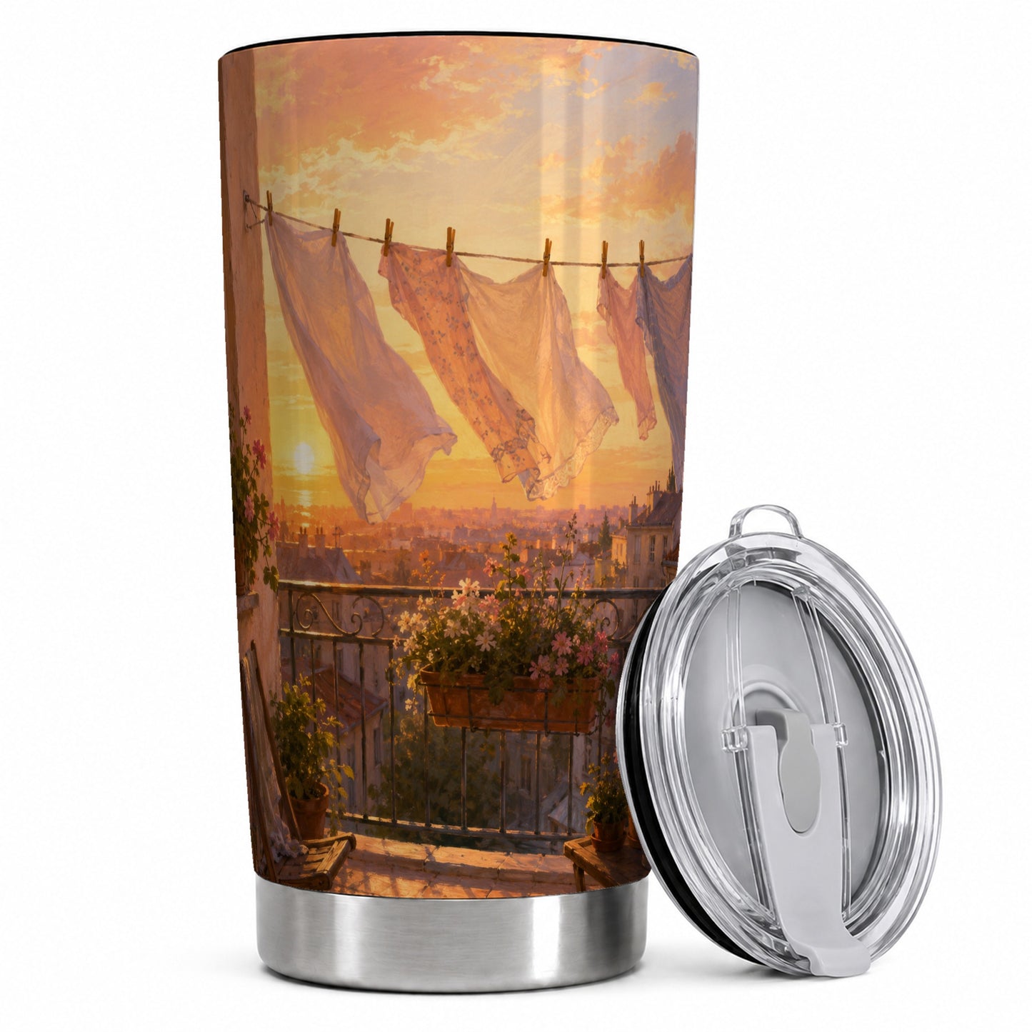 Sunset Laundry Balcony 20oz Skinny Tumbler, Cozy European Balcony Art