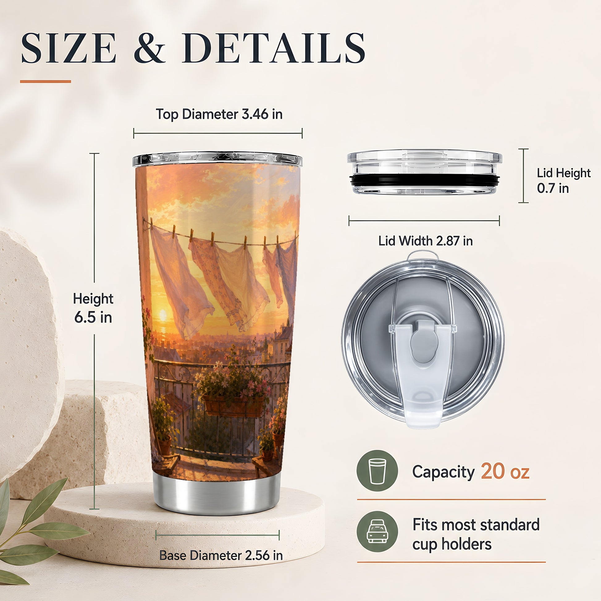 #pl[20oz|Steel] Sunset Laundry Balcony 20oz Skinny Tumbler, Cozy European Balcony Art