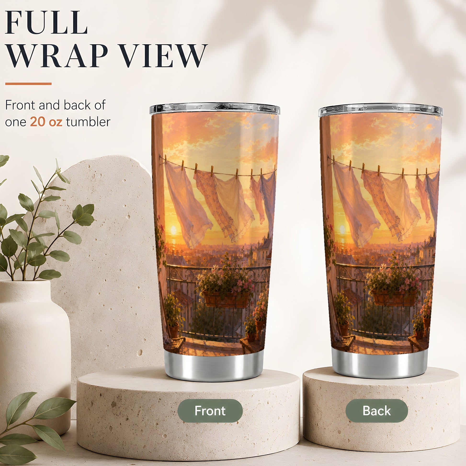 #pl[20oz|Steel] Sunset Laundry Balcony 20oz Skinny Tumbler, Cozy European Balcony Art