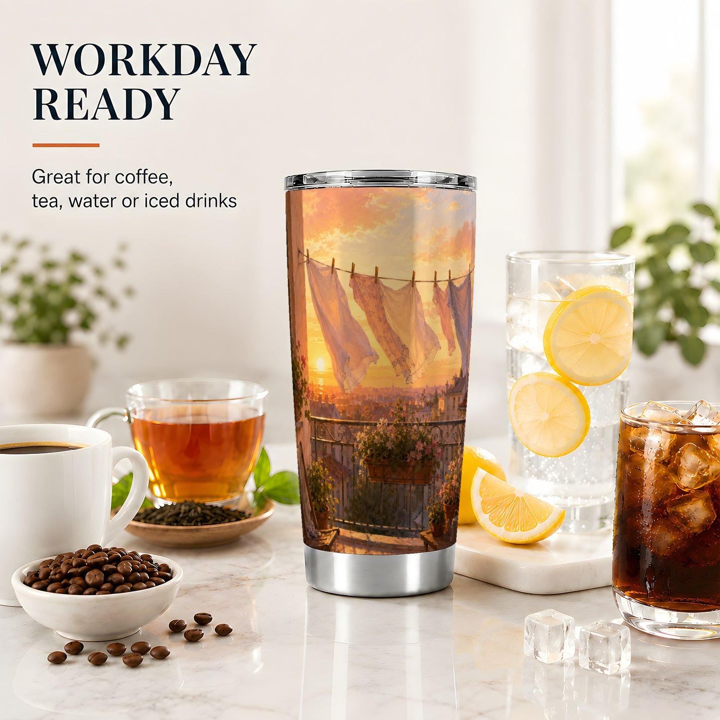 #pl[20oz|Steel] Sunset Laundry Balcony 20oz Skinny Tumbler, Cozy European Balcony Art