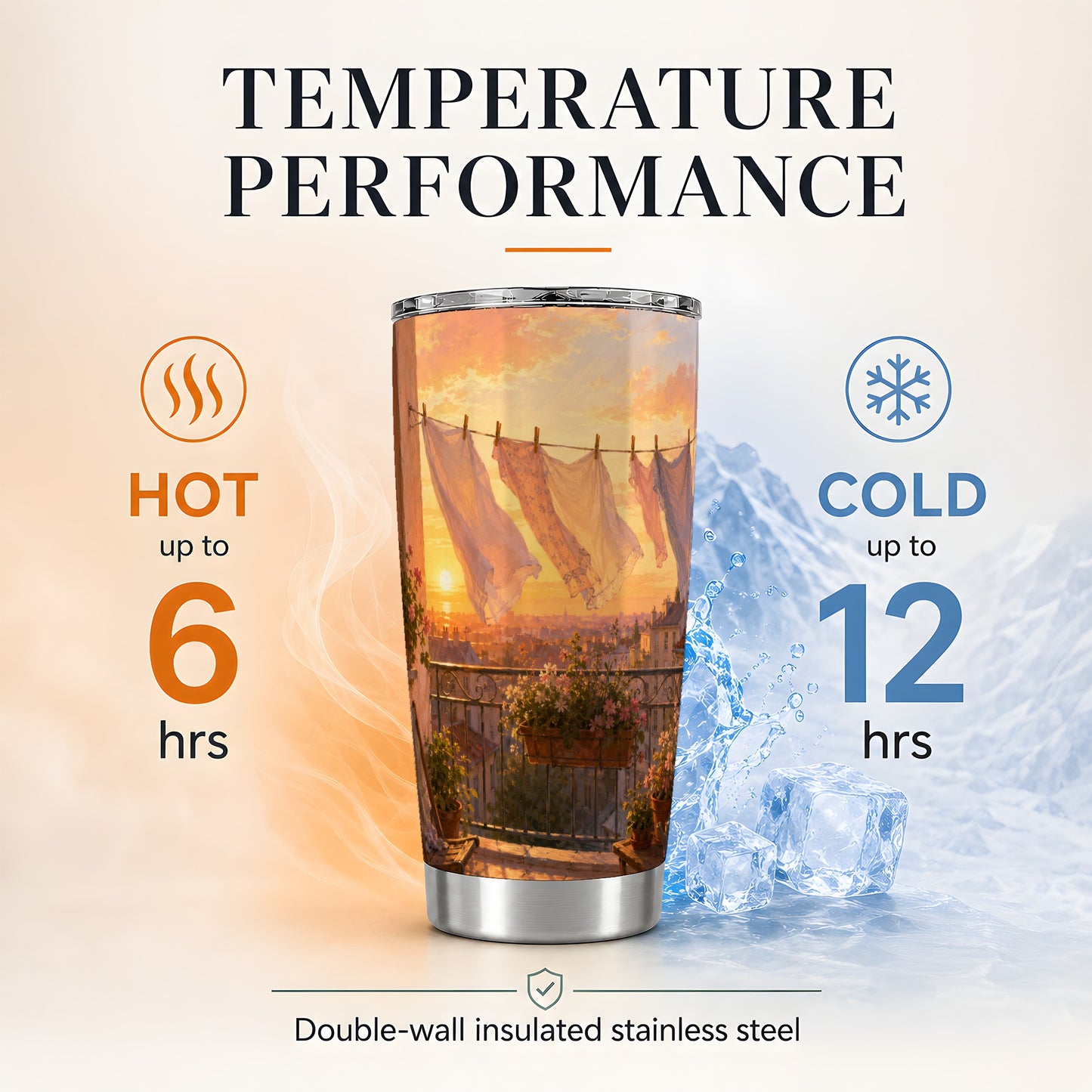 #pl[20oz|Steel] Sunset Laundry Balcony 20oz Skinny Tumbler, Cozy European Balcony Art