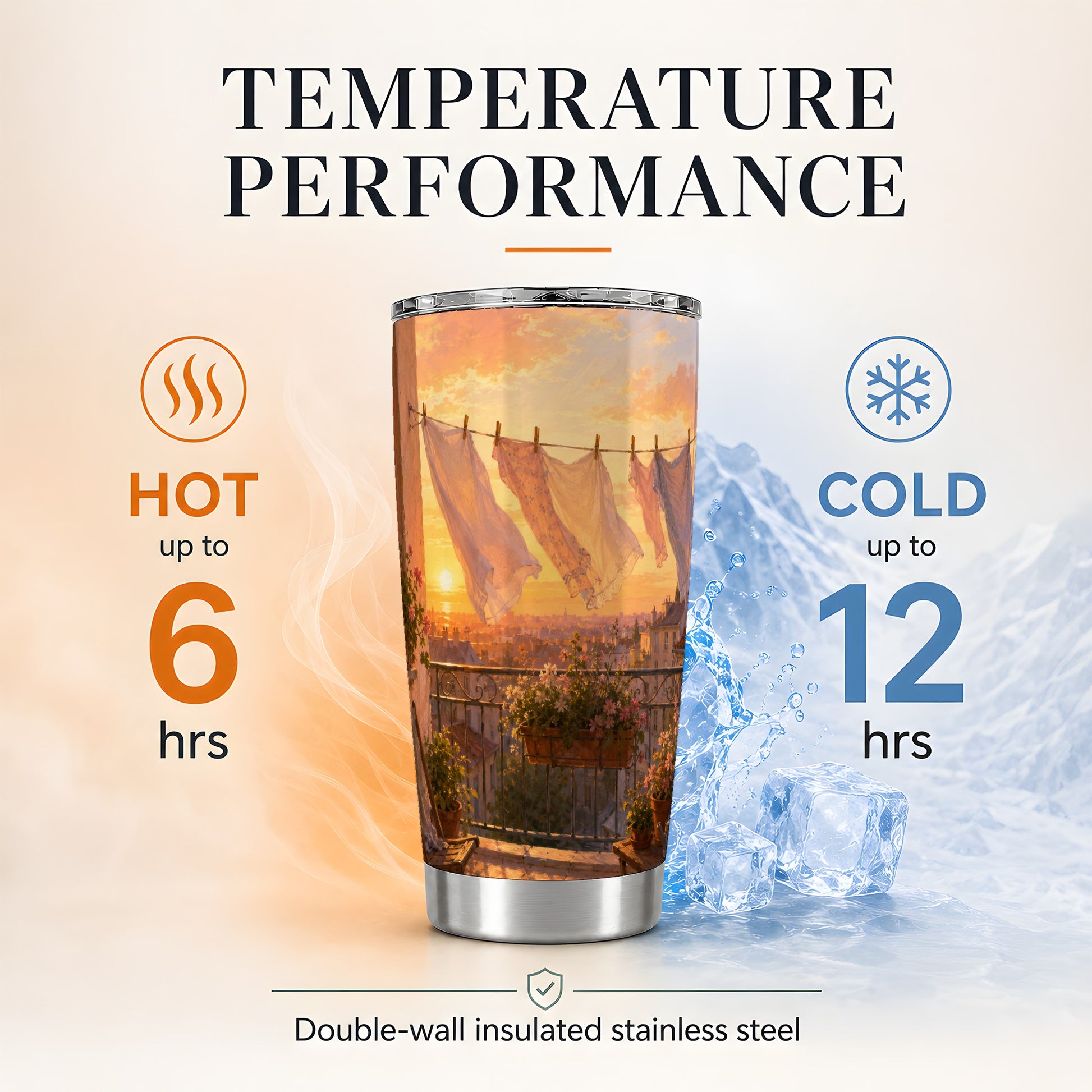 #pl[20oz|Steel] Sunset Laundry Balcony 20oz Skinny Tumbler, Cozy European Balcony Art