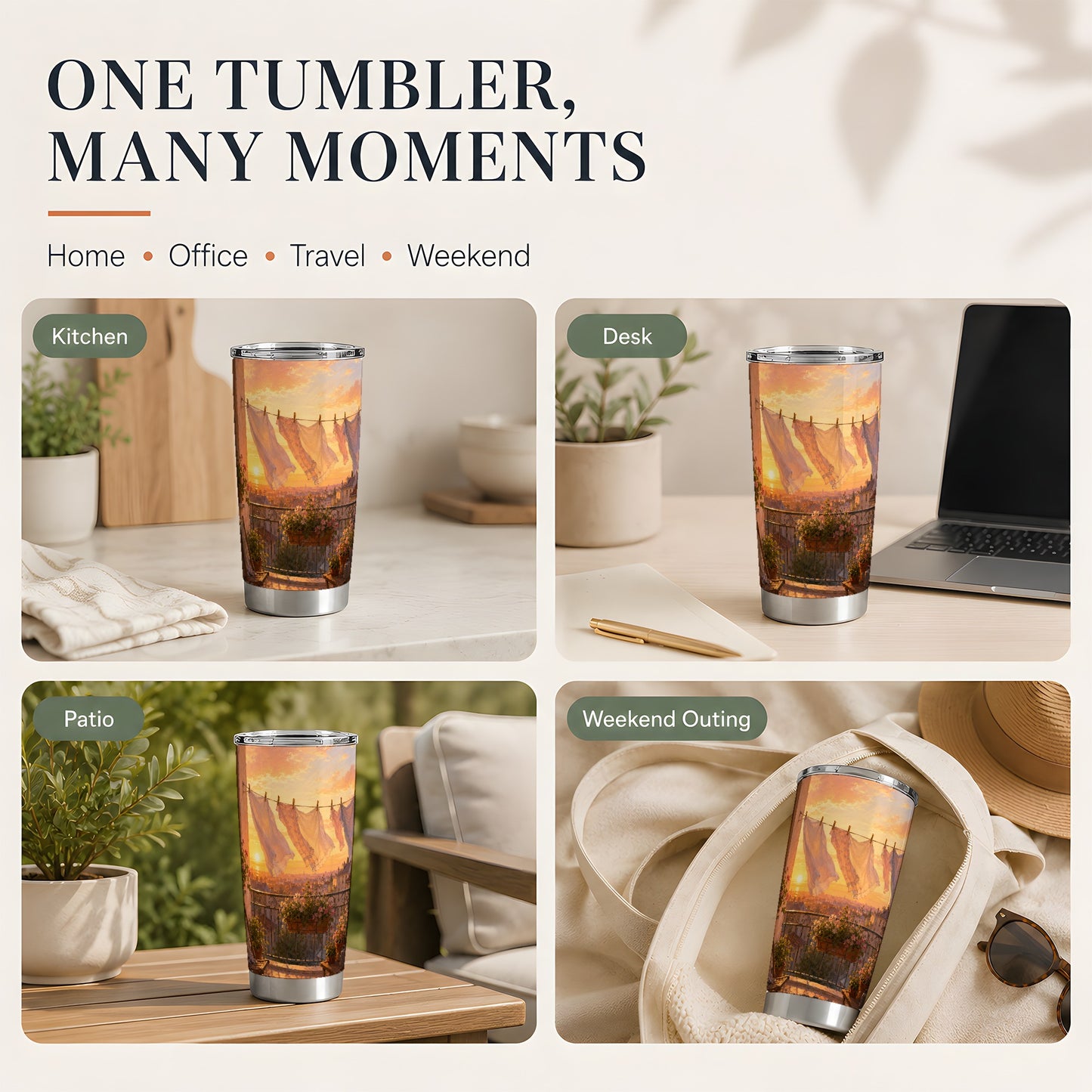 #pl[20oz|Steel] Sunset Laundry Balcony 20oz Skinny Tumbler, Cozy European Balcony Art