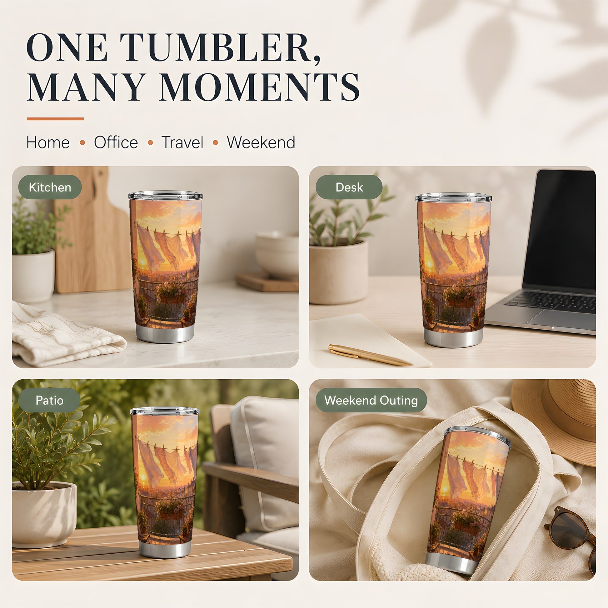 #pl[20oz|Steel] Sunset Laundry Balcony 20oz Skinny Tumbler, Cozy European Balcony Art