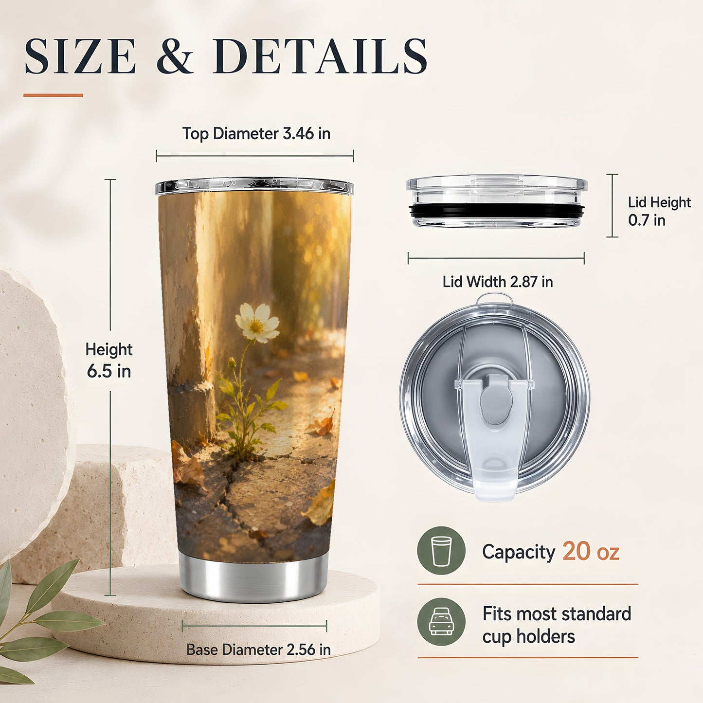 #pl[20oz|Steel] Resilient White Flower 20oz Skinny Tumbler, Hopeful Nature Art