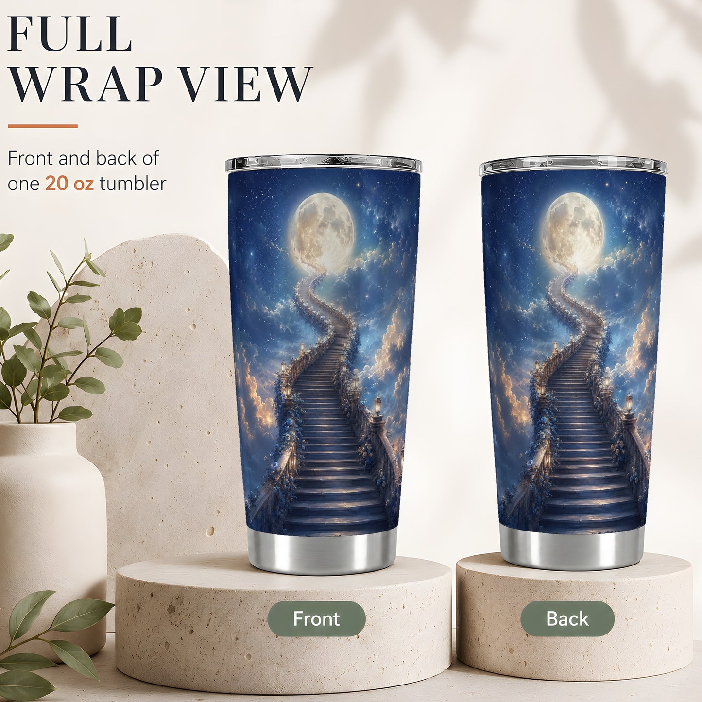 #pl[20oz|Steel] Moon Stairway 20oz Skinny Tumbler, Celestial Dreamscape Art