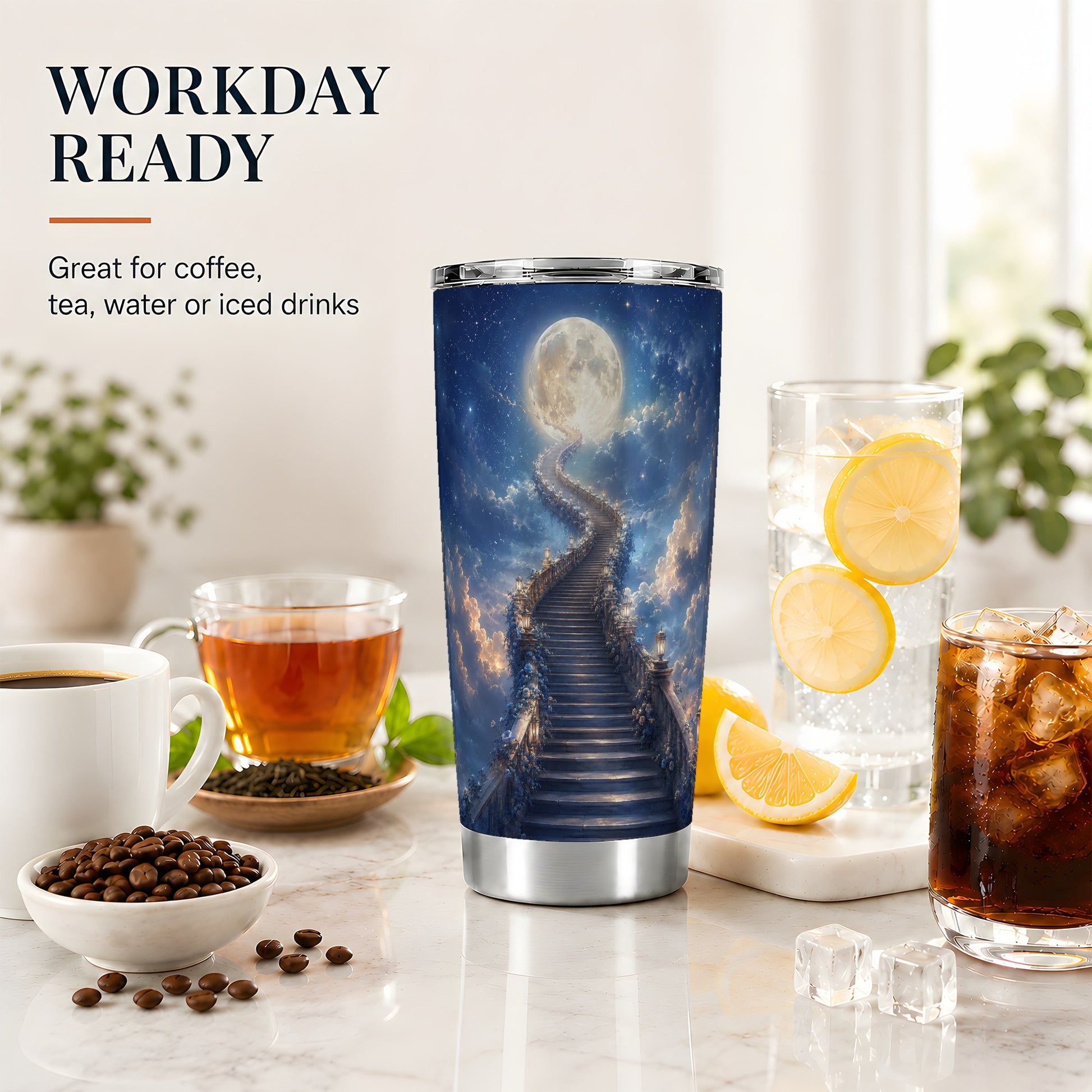 #pl[20oz|Steel] Moon Stairway 20oz Skinny Tumbler, Celestial Dreamscape Art