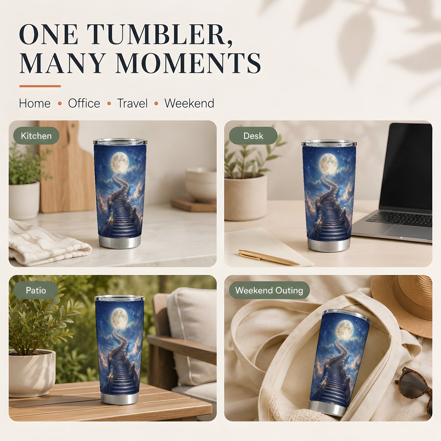 #pl[20oz|Steel] Moon Stairway 20oz Skinny Tumbler, Celestial Dreamscape Art