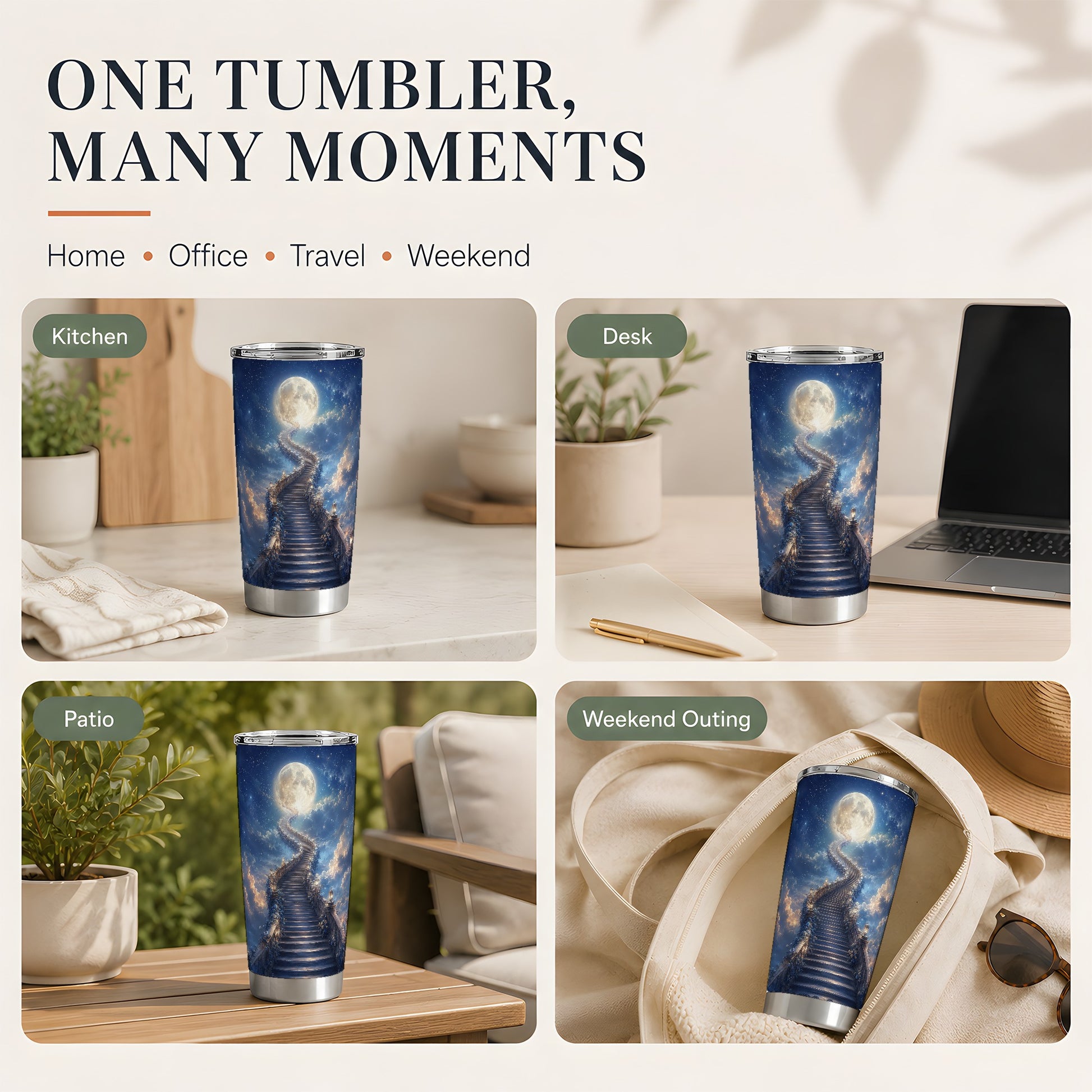 #pl[20oz|Steel] Moon Stairway 20oz Skinny Tumbler, Celestial Dreamscape Art