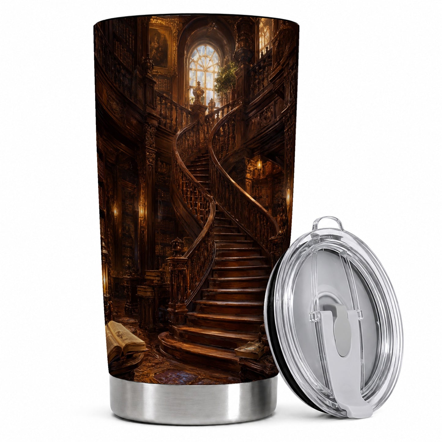 Grand Library Staircase 20oz Skinny Tumbler, Dark Academia Library Art