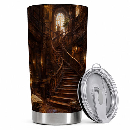 Grand Library Staircase 20oz Skinny Tumbler, Dark Academia Library Art