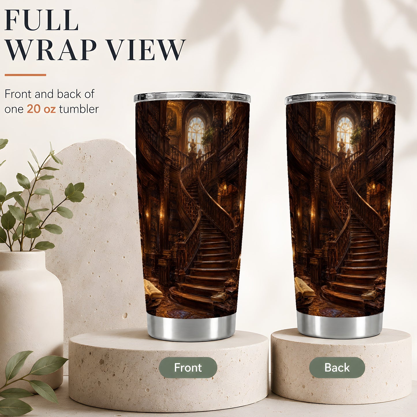 #pl[20oz|Steel] Grand Library Staircase 20oz Skinny Tumbler, Dark Academia Library Art
