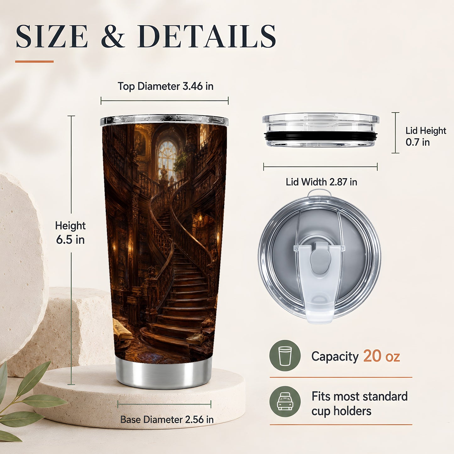 #pl[20oz|Steel] Grand Library Staircase 20oz Skinny Tumbler, Dark Academia Library Art