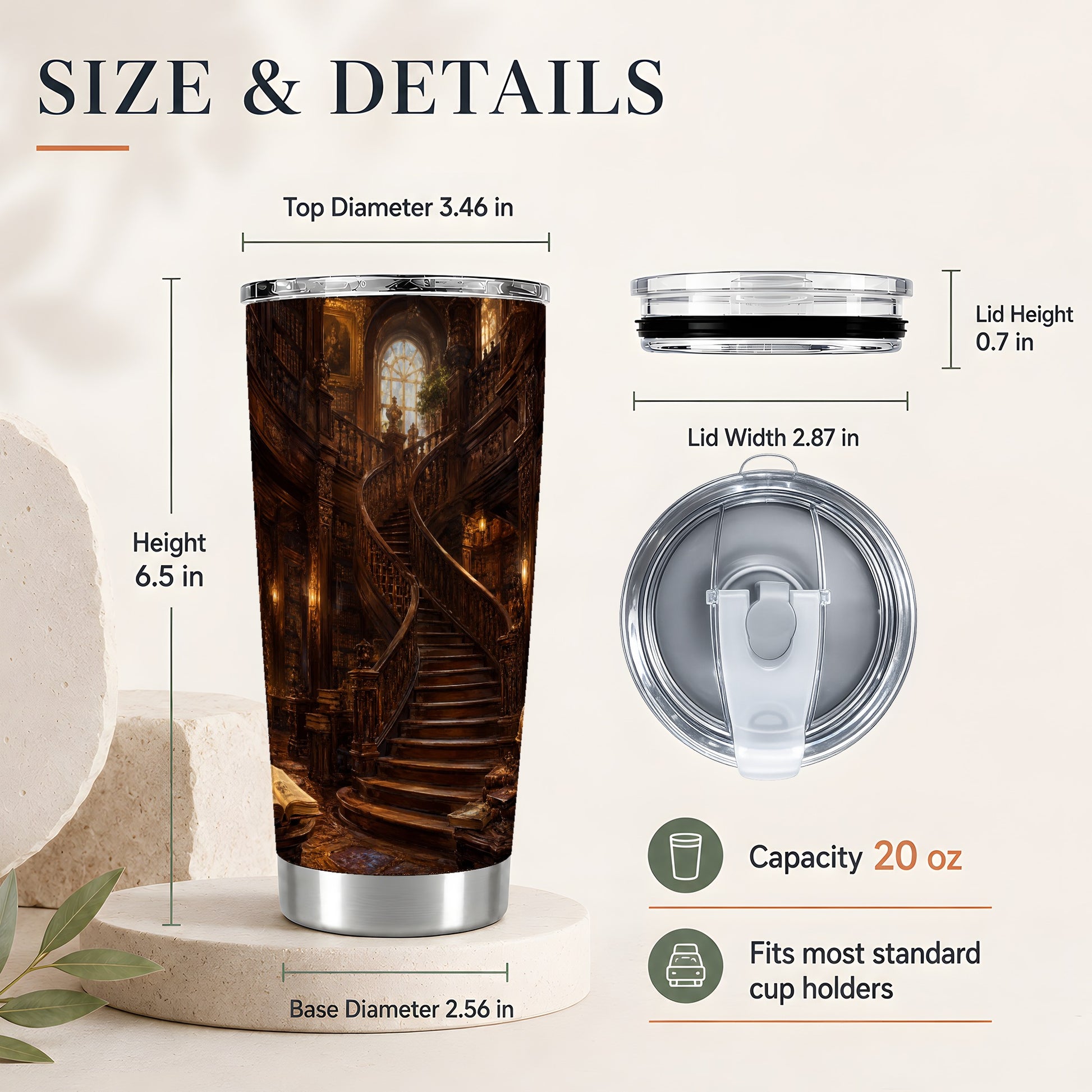 #pl[20oz|Steel] Grand Library Staircase 20oz Skinny Tumbler, Dark Academia Library Art