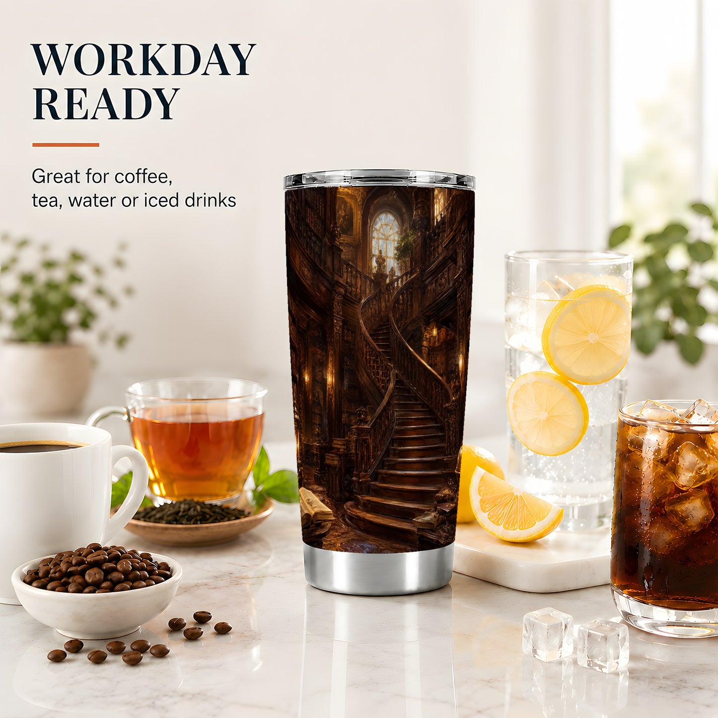 #pl[20oz|Steel] Grand Library Staircase 20oz Skinny Tumbler, Dark Academia Library Art