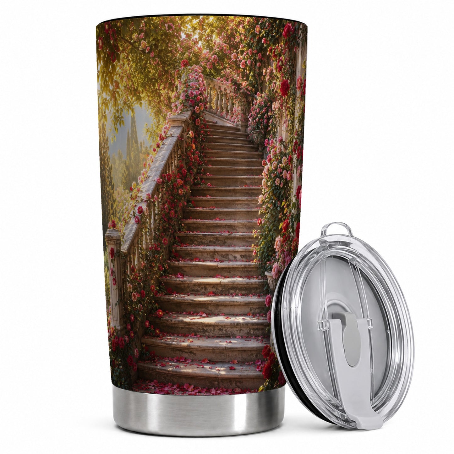 Rose Garden Staircase 20oz Skinny Tumbler, Romantic Garden Art