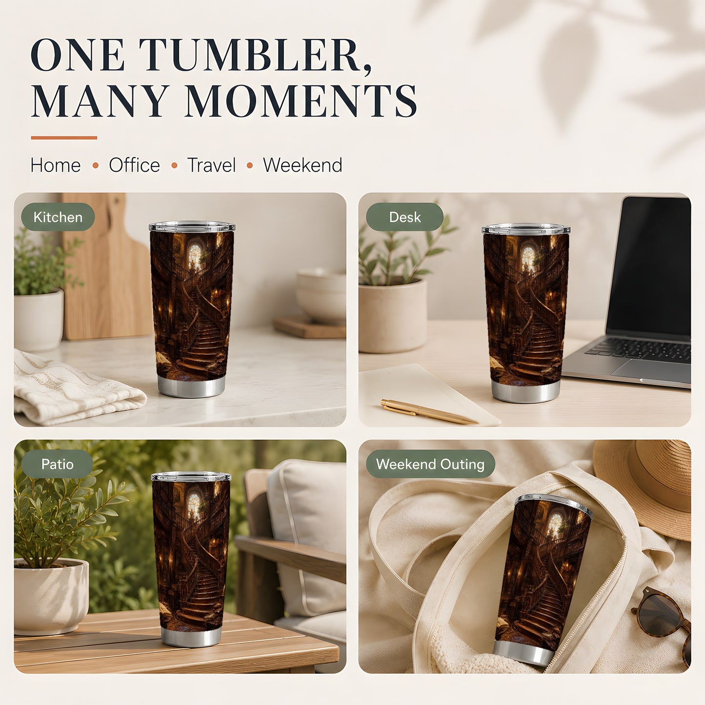 #pl[20oz|Steel] Grand Library Staircase 20oz Skinny Tumbler, Dark Academia Library Art