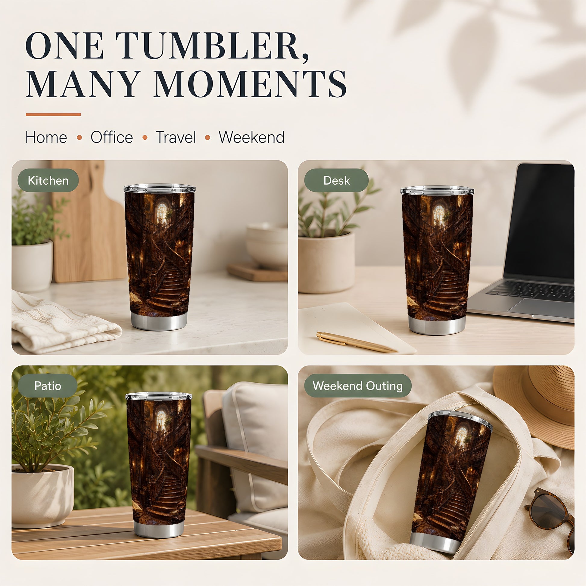 #pl[20oz|Steel] Grand Library Staircase 20oz Skinny Tumbler, Dark Academia Library Art