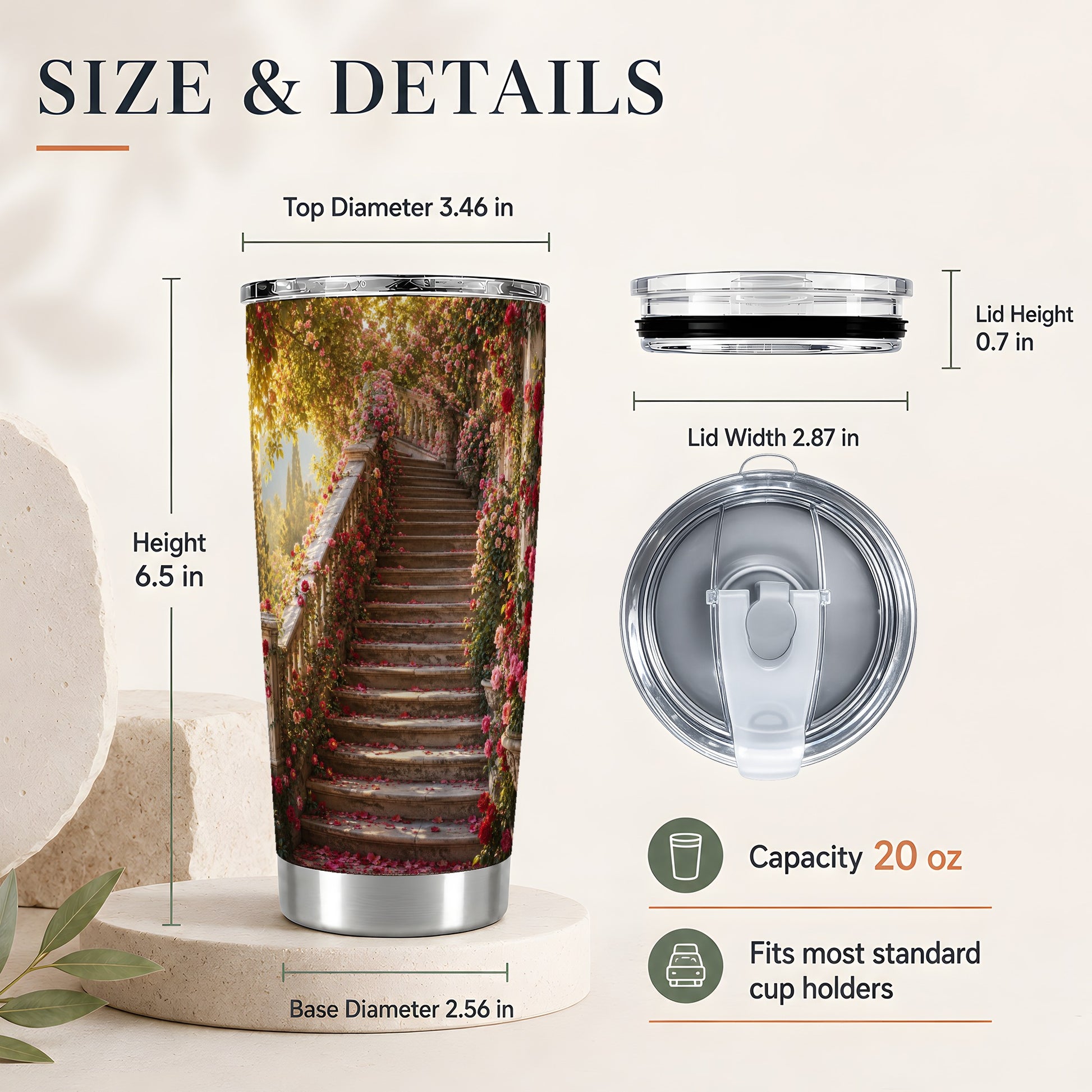 #pl[20oz|Steel] Rose Garden Staircase 20oz Skinny Tumbler, Romantic Garden Art
