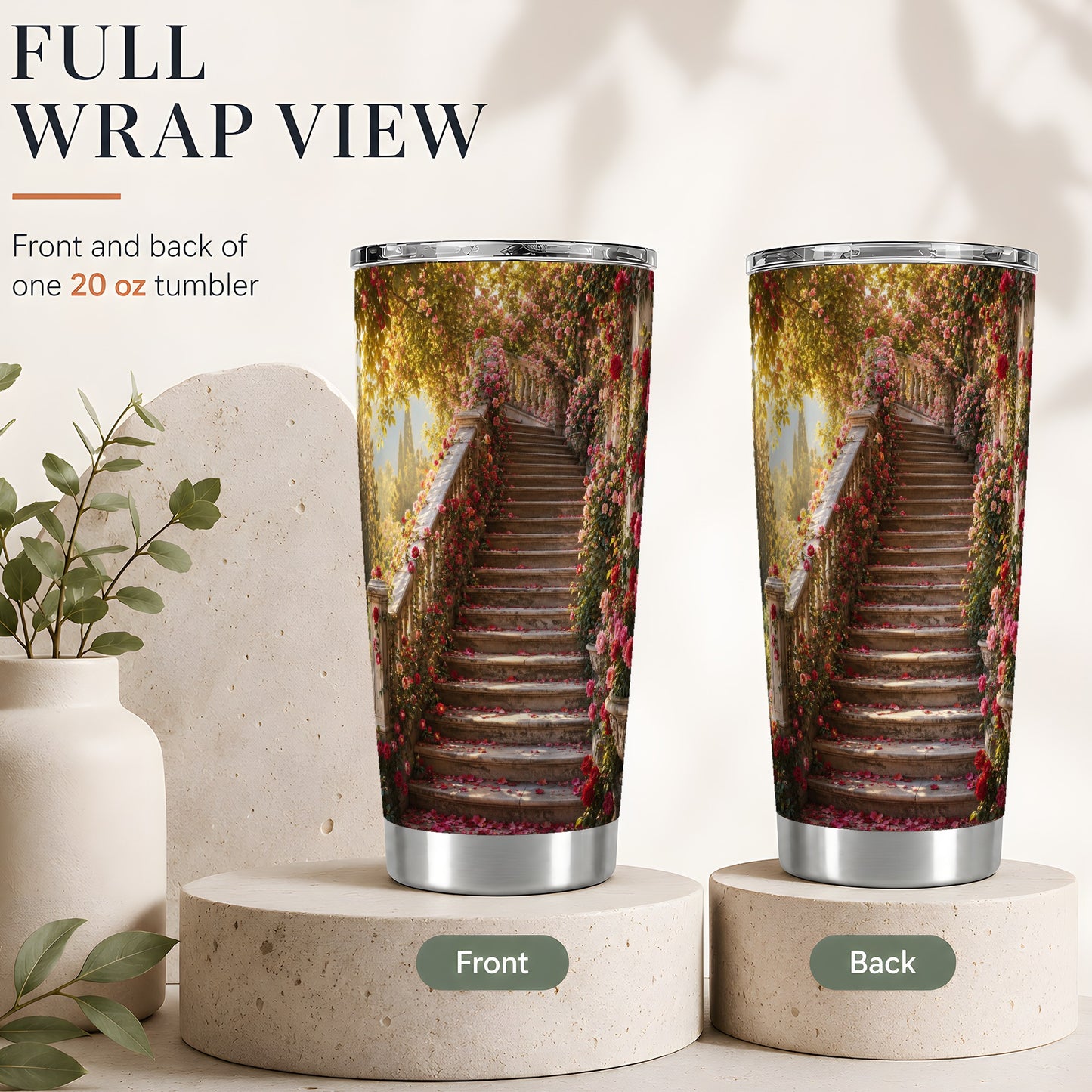 #pl[20oz|Steel] Rose Garden Staircase 20oz Skinny Tumbler, Romantic Garden Art