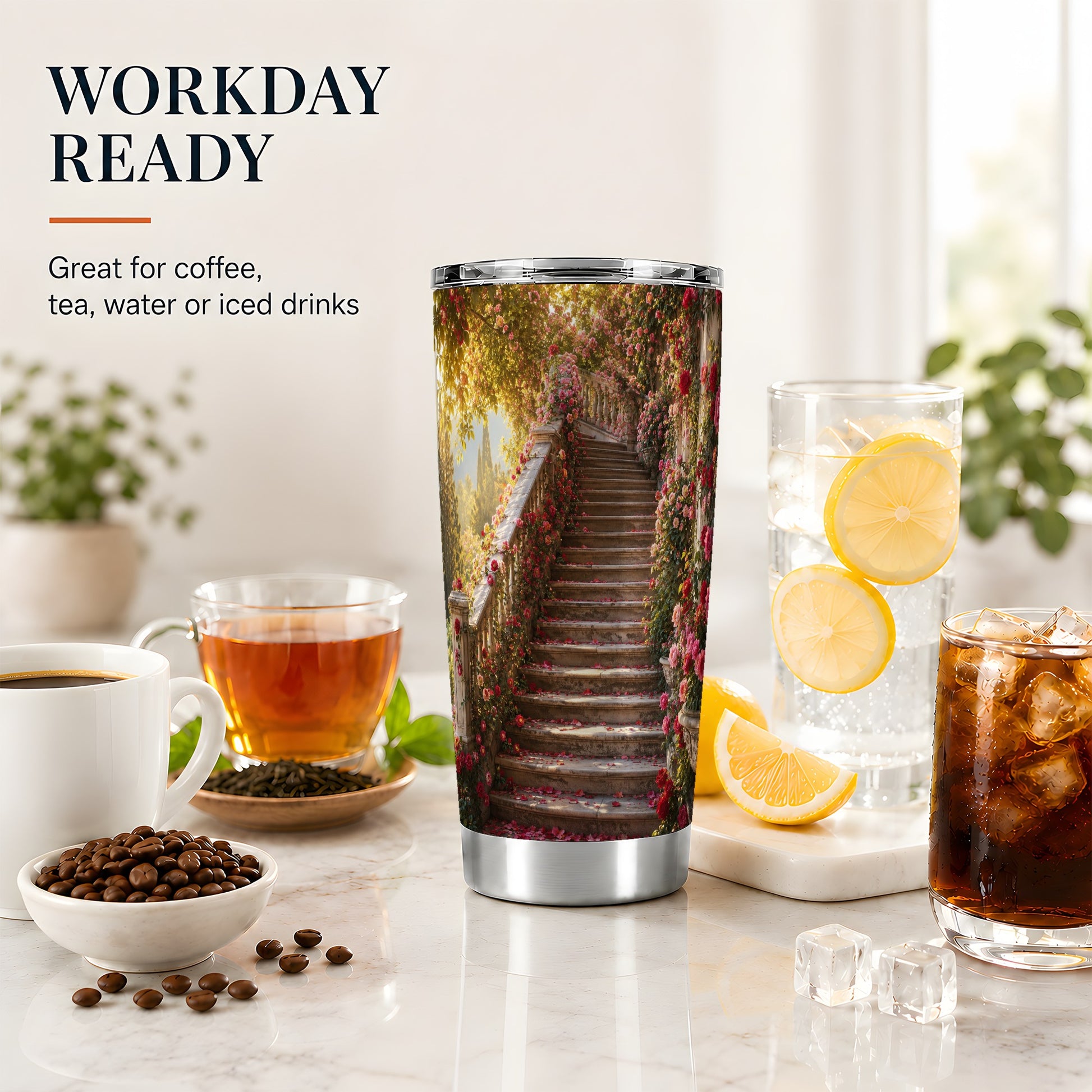 #pl[20oz|Steel] Rose Garden Staircase 20oz Skinny Tumbler, Romantic Garden Art
