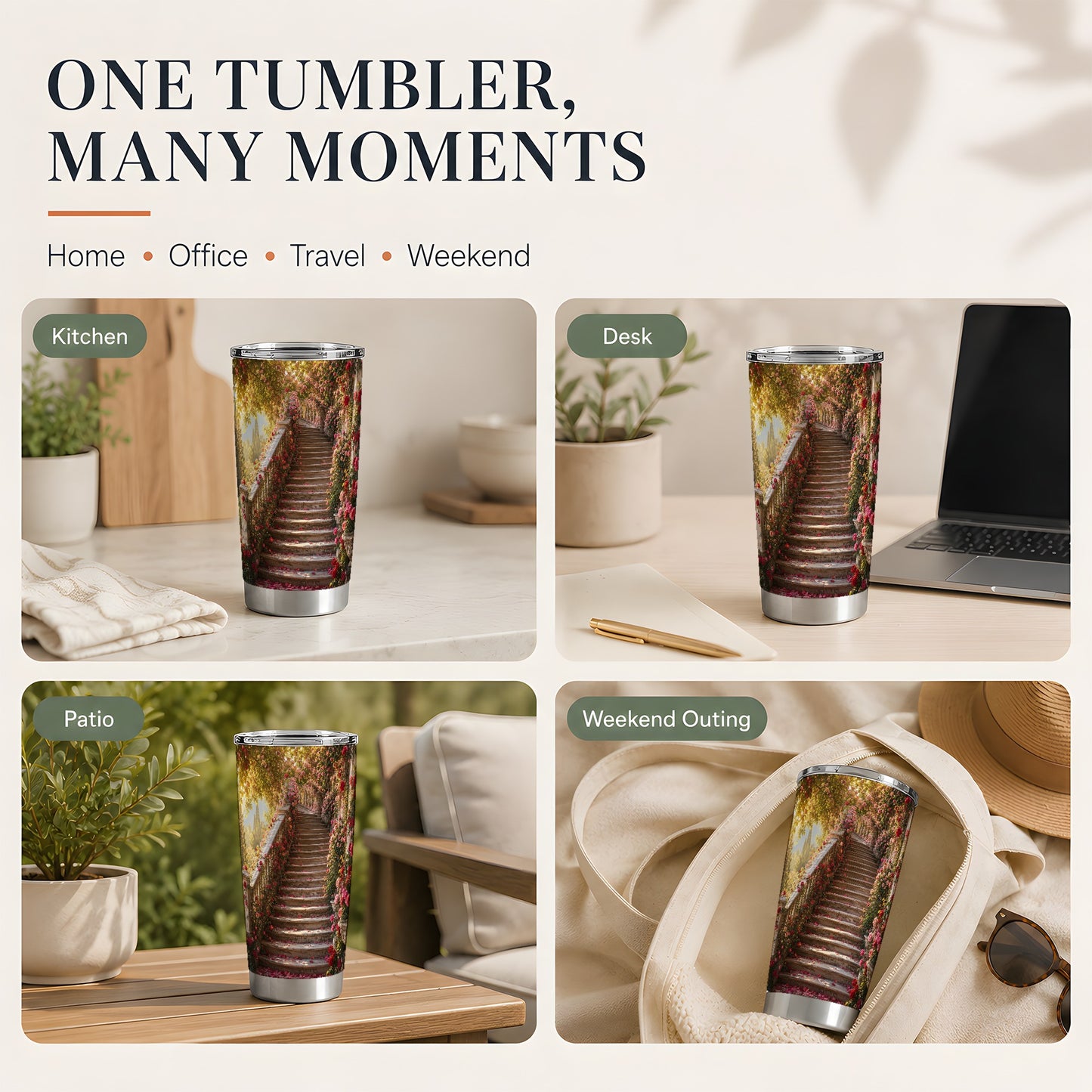 #pl[20oz|Steel] Rose Garden Staircase 20oz Skinny Tumbler, Romantic Garden Art