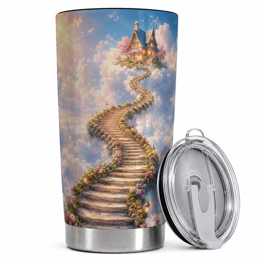 Cloud Cottage Stairway 20oz Skinny Tumbler, Whimsical Sky Cottage Art