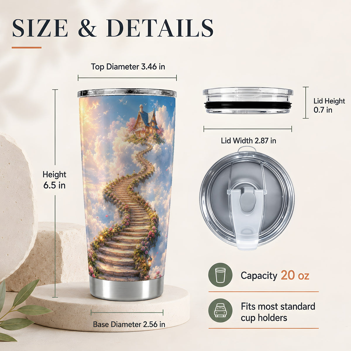 #pl[20oz|Steel] Cloud Cottage Stairway 20oz Skinny Tumbler, Whimsical Sky Cottage Art