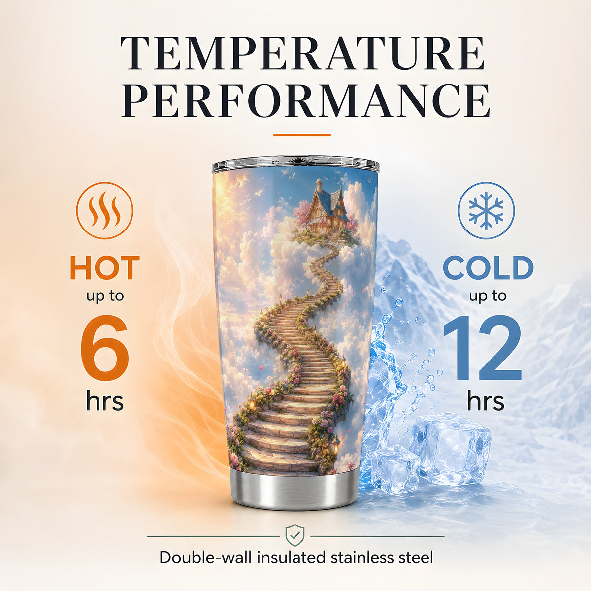 #pl[20oz|Steel] Cloud Cottage Stairway 20oz Skinny Tumbler, Whimsical Sky Cottage Art