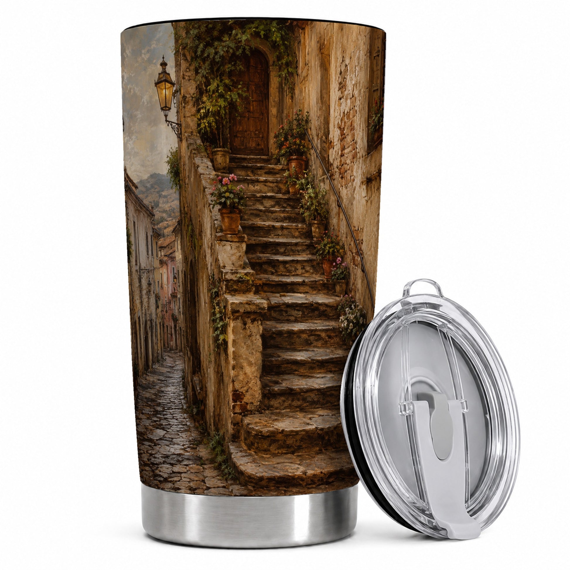 Old Village Staircase 20oz Skinny Tumbler, Rustic European Street Art