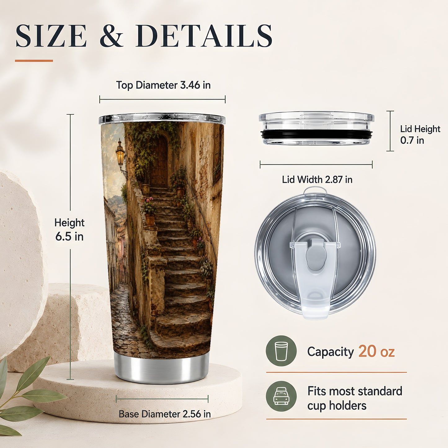 #pl[20oz|Steel] Old Village Staircase 20oz Skinny Tumbler, Rustic European Street Art