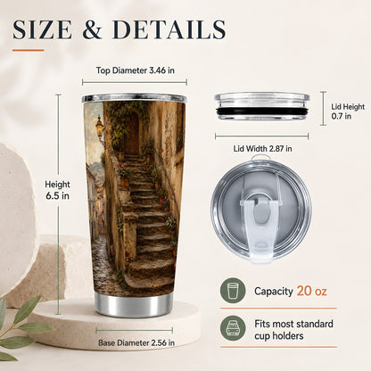 #pl[20oz|Steel] Old Village Staircase 20oz Skinny Tumbler, Rustic European Street Art