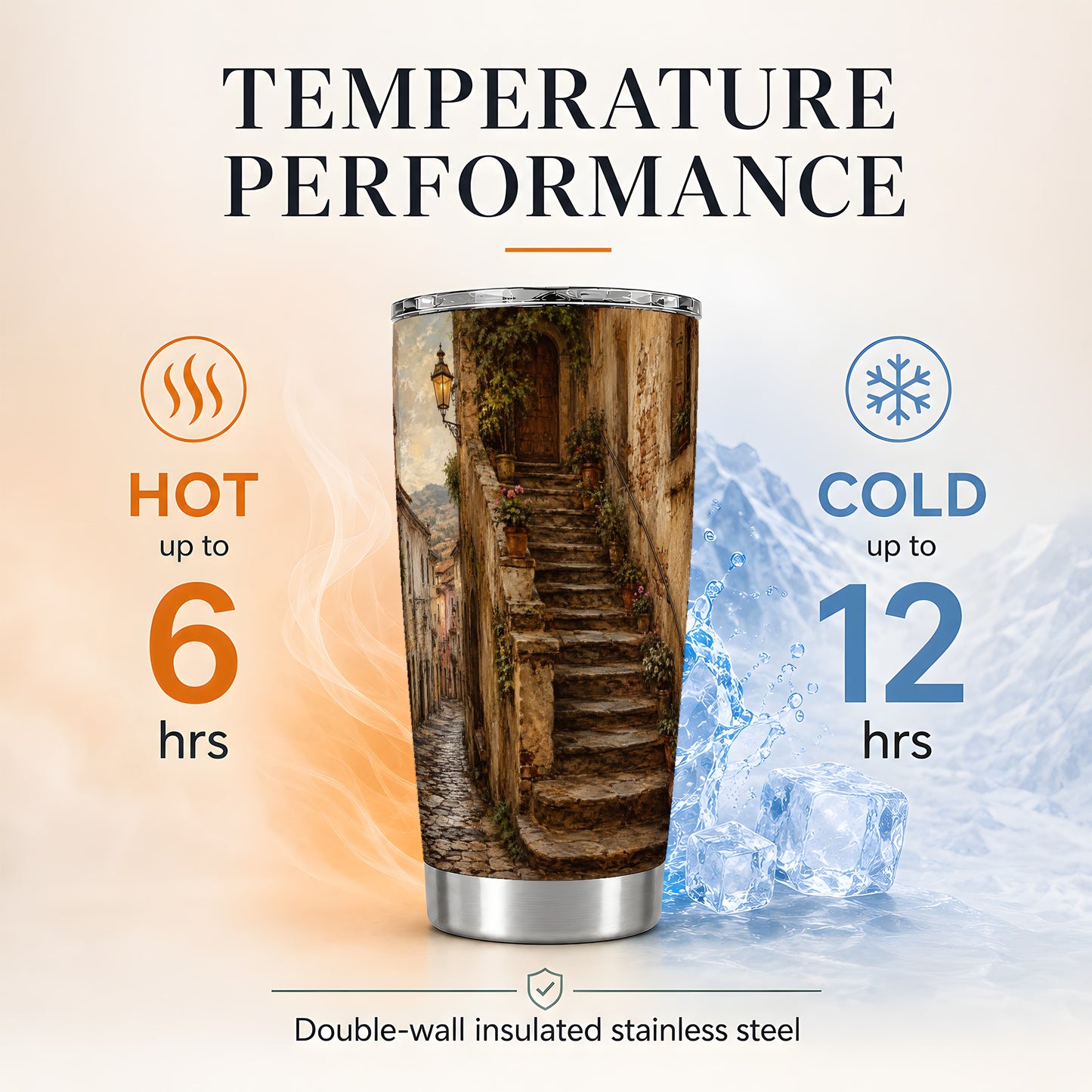 #pl[20oz|Steel] Old Village Staircase 20oz Skinny Tumbler, Rustic European Street Art