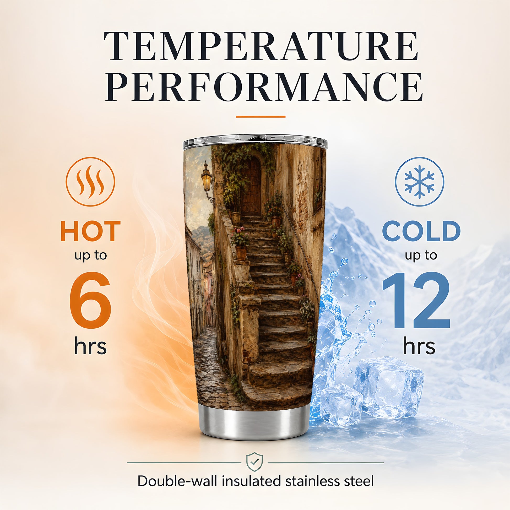 #pl[20oz|Steel] Old Village Staircase 20oz Skinny Tumbler, Rustic European Street Art