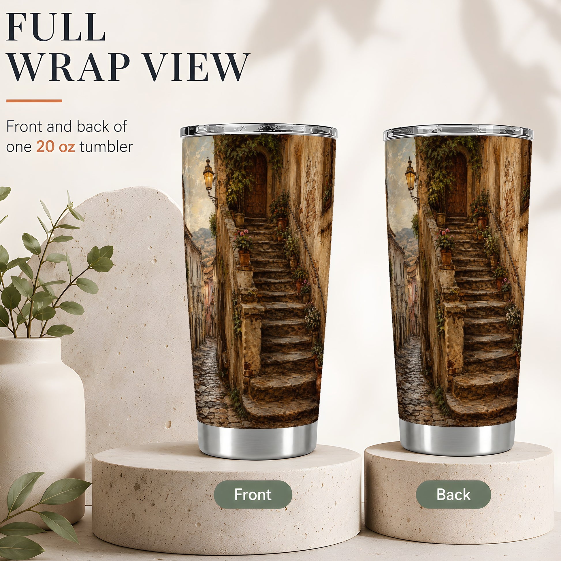 #pl[20oz|Steel] Old Village Staircase 20oz Skinny Tumbler, Rustic European Street Art
